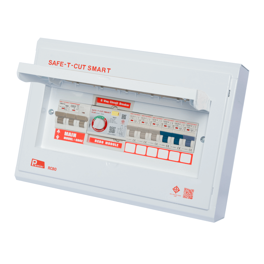 ชุดตู้คอนซูมเมอร์ 6 ช่อง เบรคเกอร์กันดูด 63 แอมป์ เซฟ-ที-คัท สมาร์ท รุ่น PREMIER RCBO